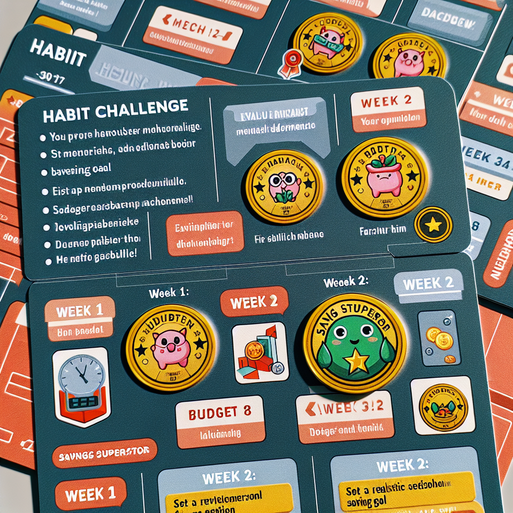 High resolution image of gamified habit challenge cards showing week by week financial tasks, motivational badges, and supportive instructions designed for households improving budget discipline in Germany.