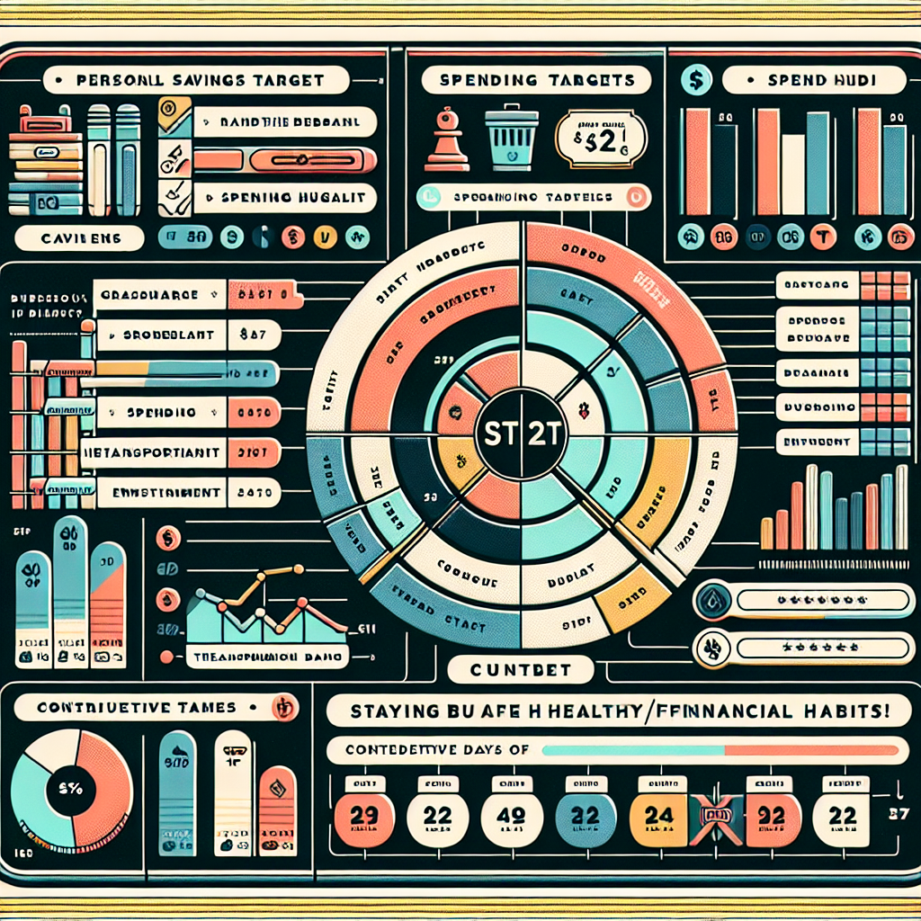 Detailed digital illustration of a personal finance habit dashboard displaying savings targets, spending categories, and streak counters tailored for young professionals across Germany.
