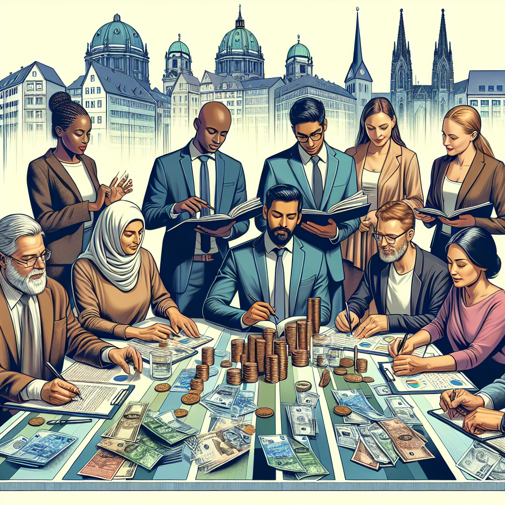 Professional coaching scene with advisors reviewing spending journals, savings commitments, and long term goals together with clients determined to recalibrate everyday finance habits across German cities.