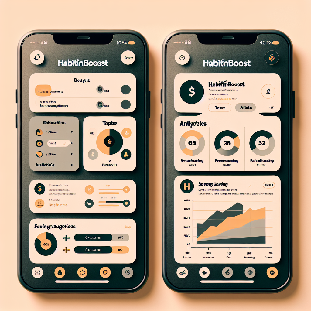 Modern smartphone mockup illustrating HabitFinBoost analytics screens with actionable insights, color coded alerts, and personalized savings nudges for remote workers across Germany.
