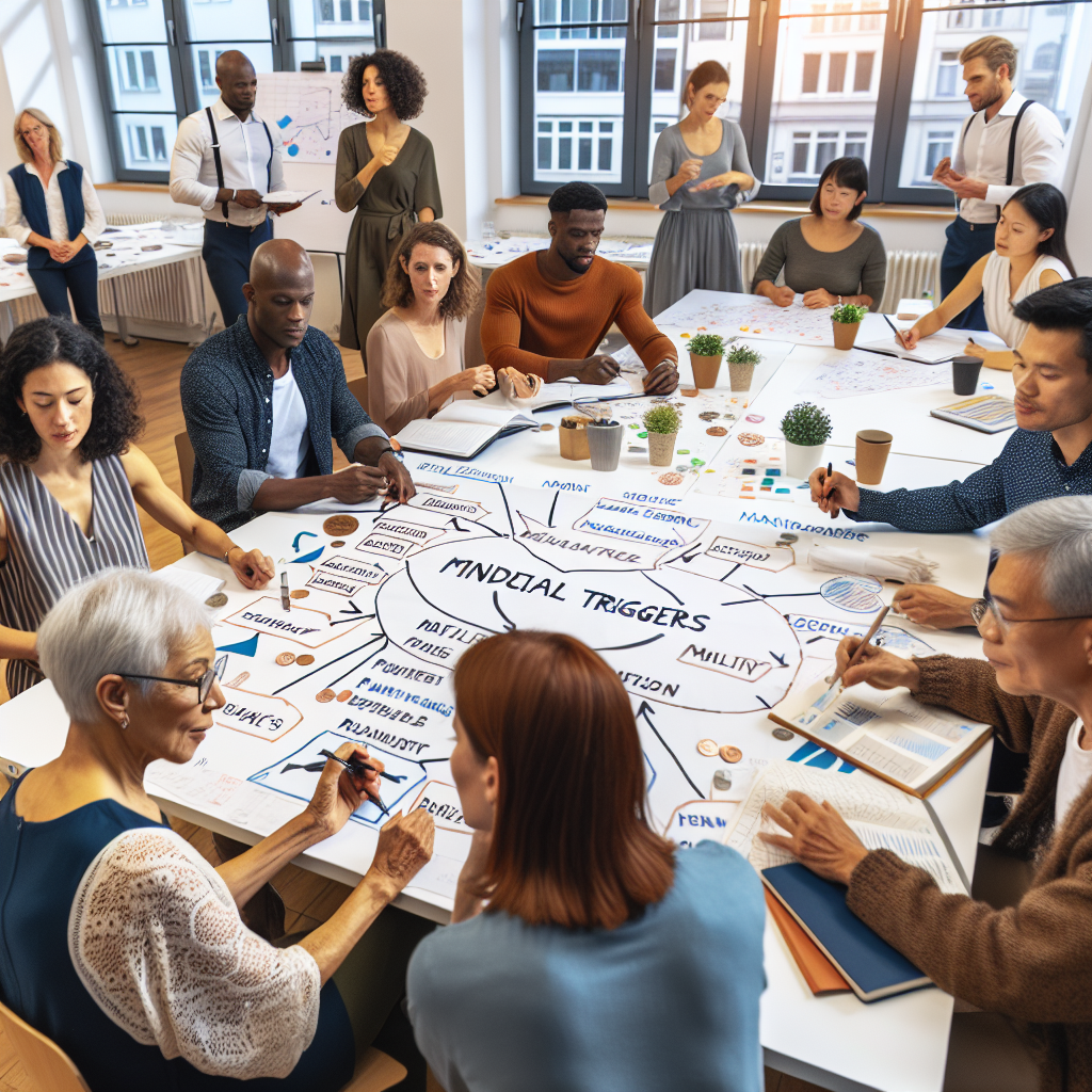 Collaborative workshop setting where participants map financial triggers, build mindful routines, and analyze progress charts under guidance of HabitFinBoost facilitators in a Frankfurt learning space.